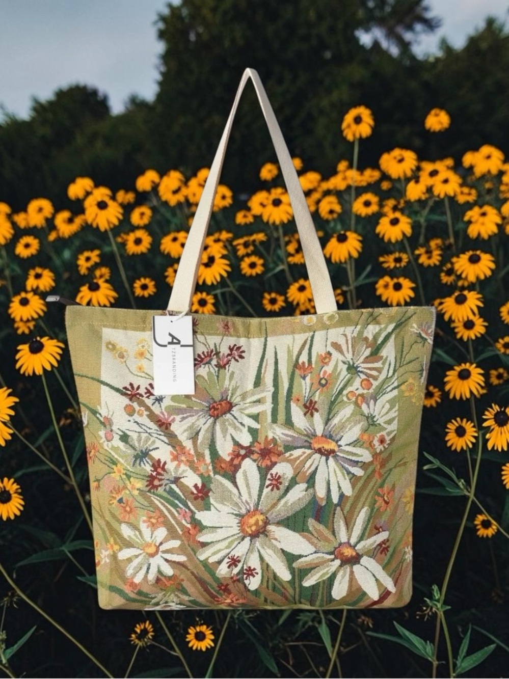 Tote LG-Floral Daisy Tapestry Bag - Beige/Green NEW BOUTIQUE